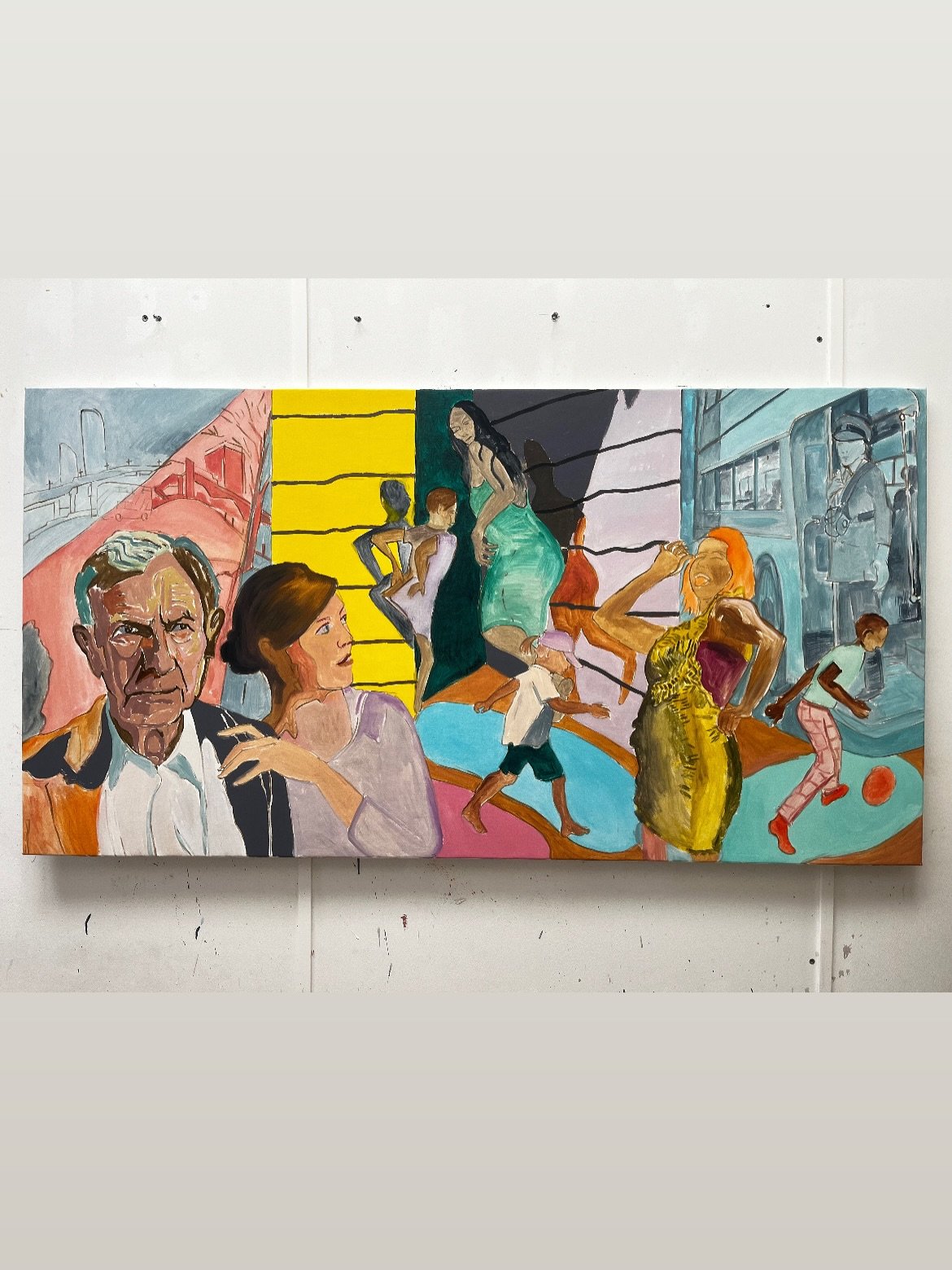 Work in progress on a painting called: “My Busconductor” inspired by the poem of the same name by Roger McGough. Here are some lines from the poem: My busconductor tells me
he only has one kidney
and that may soon go on strike
through ove