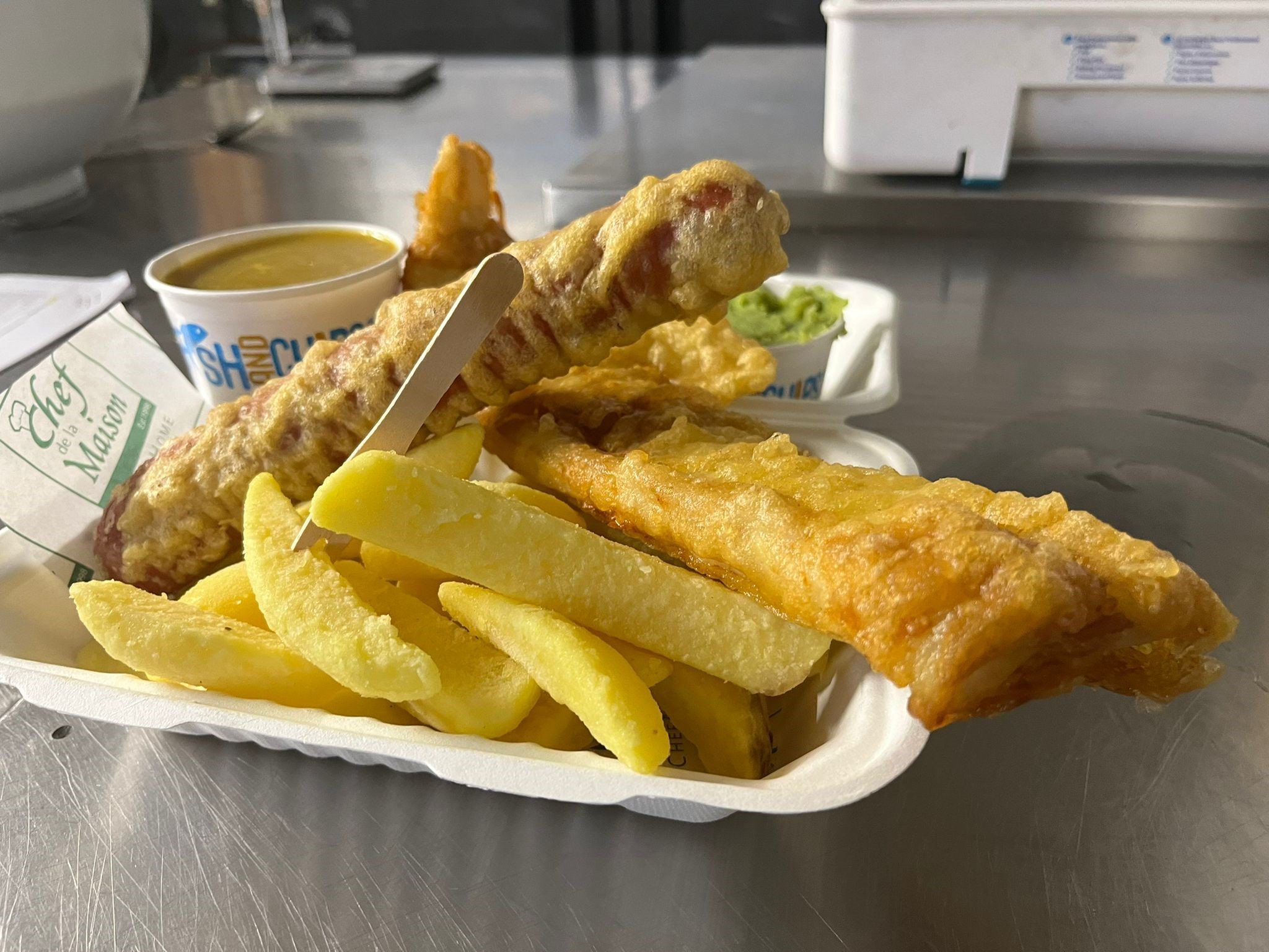 Fish, Chips, Battered Sausage, Curry Sauce and Mushy Peas.jpg