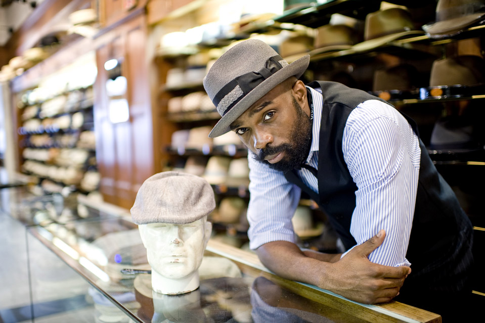 July 20, 2011: JJ Hats, where salesmen wear fine hats, located at 310 Fifth Avenue in New York, NY. The store manager is Marc Williamson (pictured). Photo by Rob Bennett for The Wall Street Journal Slug: NYGARD_HATS