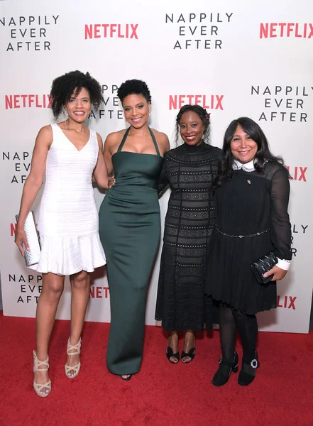 LA premiere of Nappily Ever After . Left to right: Trisha Thomas (author of Nappily Ever After) ; Sanaa Lathan, Tracey Bing, Haifaa al-Mansour. Photography: Charley Gallay .