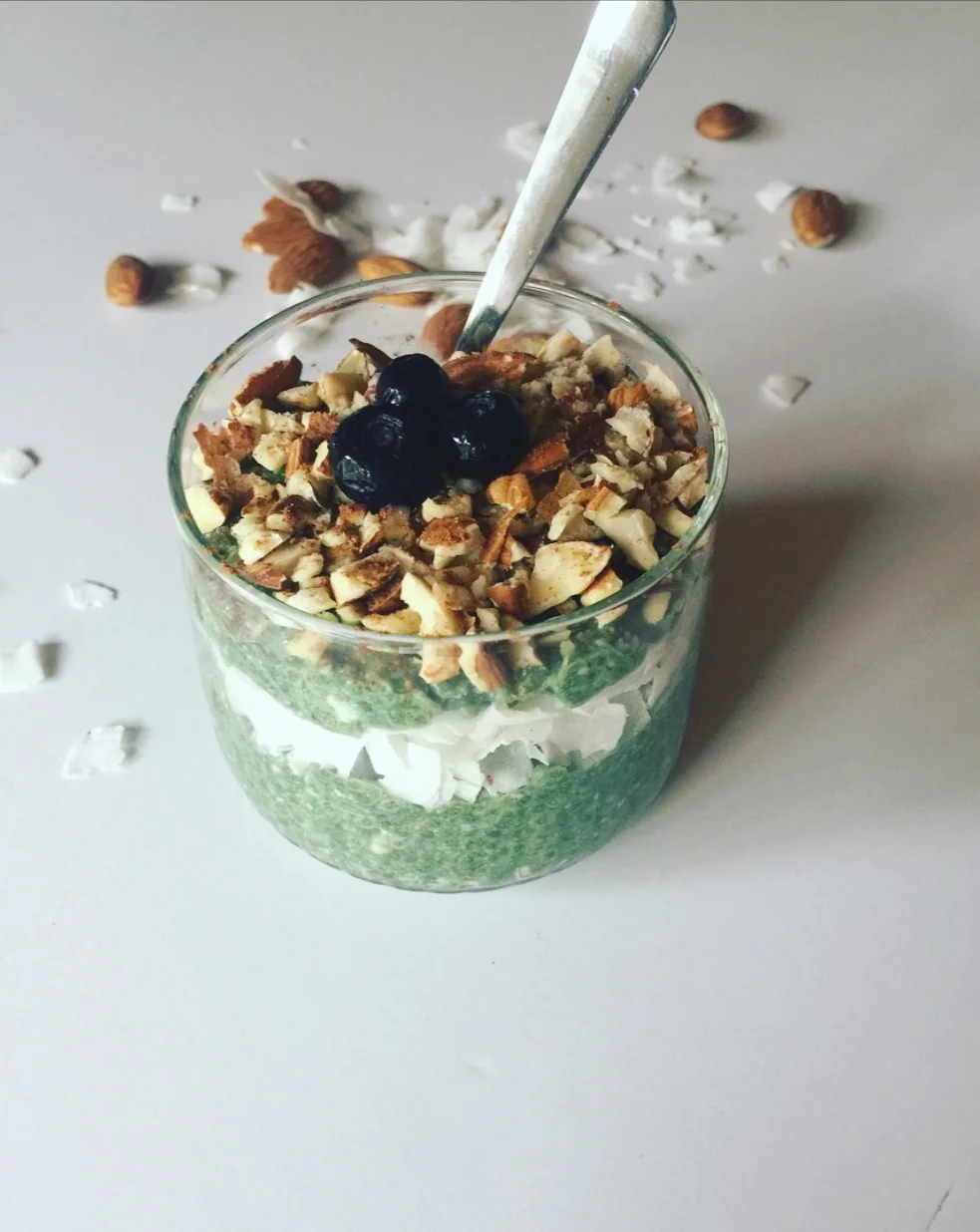 Chia Pudding made with my favorite Greens Blend. Added chopped almonds, unsweetened coconut flakes and blueberries.