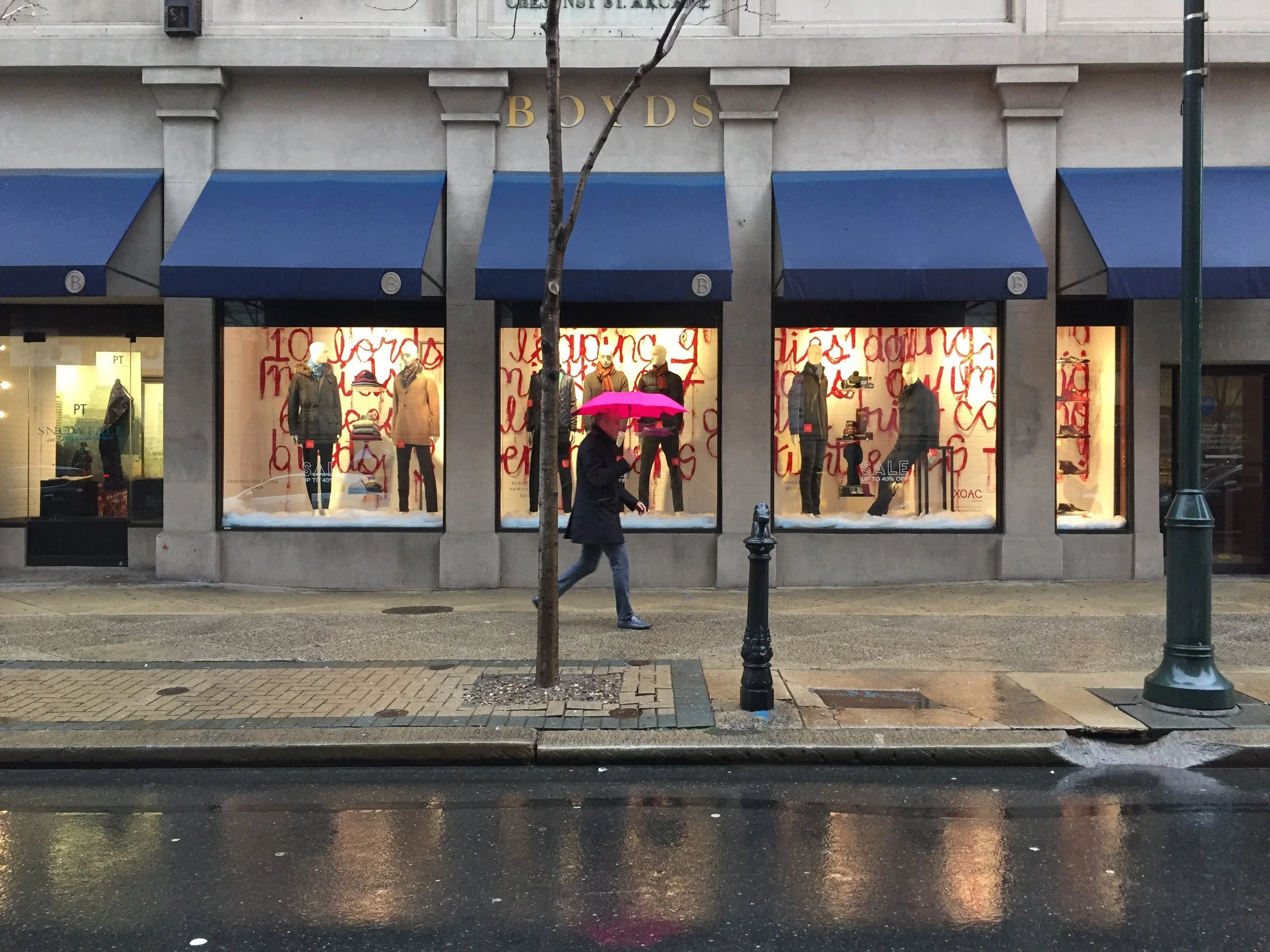 Silk Graffiti + Boyds Winter Holiday 2016 / Silk Graffiti for Boyds Philadelphia Holiday window display + ad campaign, dupioni silk + pins 2016