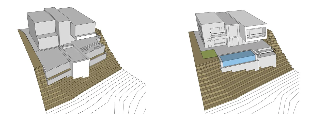 Massing takes shape (one of many iterations) and major site elements (pool, deck) added.