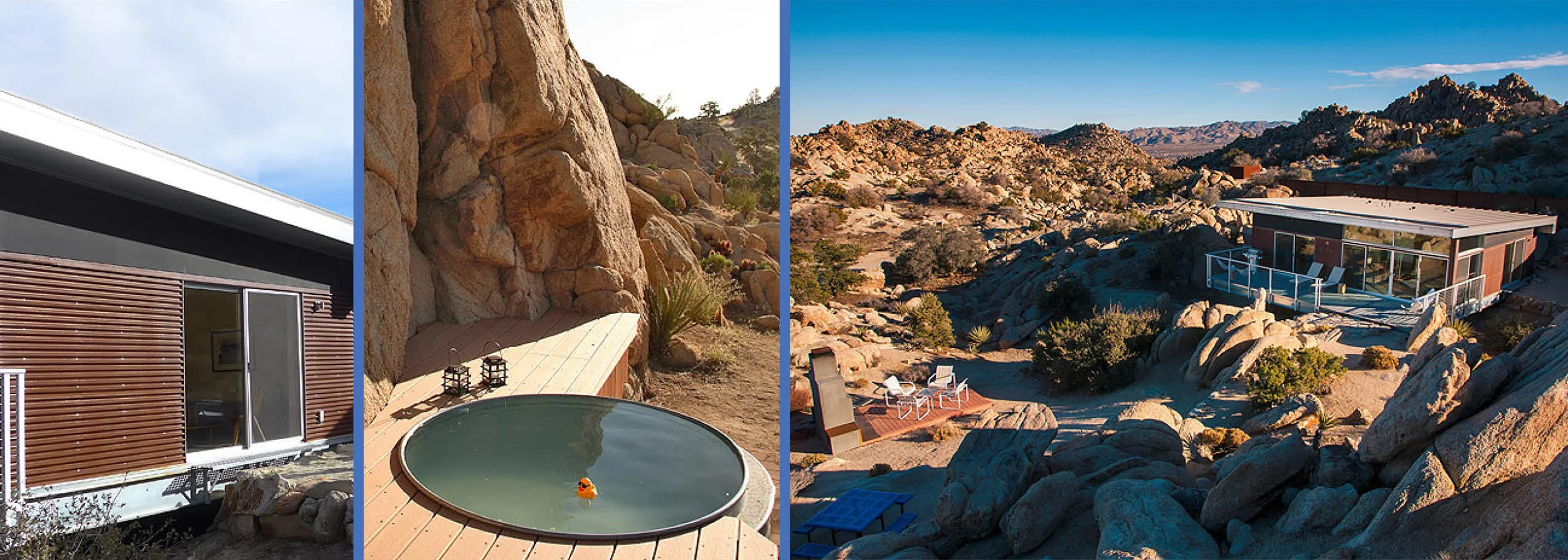 The desert is often associated with a nomadic lifestyle, that rely on mobile living conditions. Prefab houses like Rock Reach House in Yucca Valley have a sense of lightness and impermanence – it can be disassembled and moved as easily as it was dropped into the surrounding rocky landscape in the first place. The use corrugated corten steel siding panels and wood patio planks blend in well against the orange rocks. If you love this house, you could rent it for the weekend!