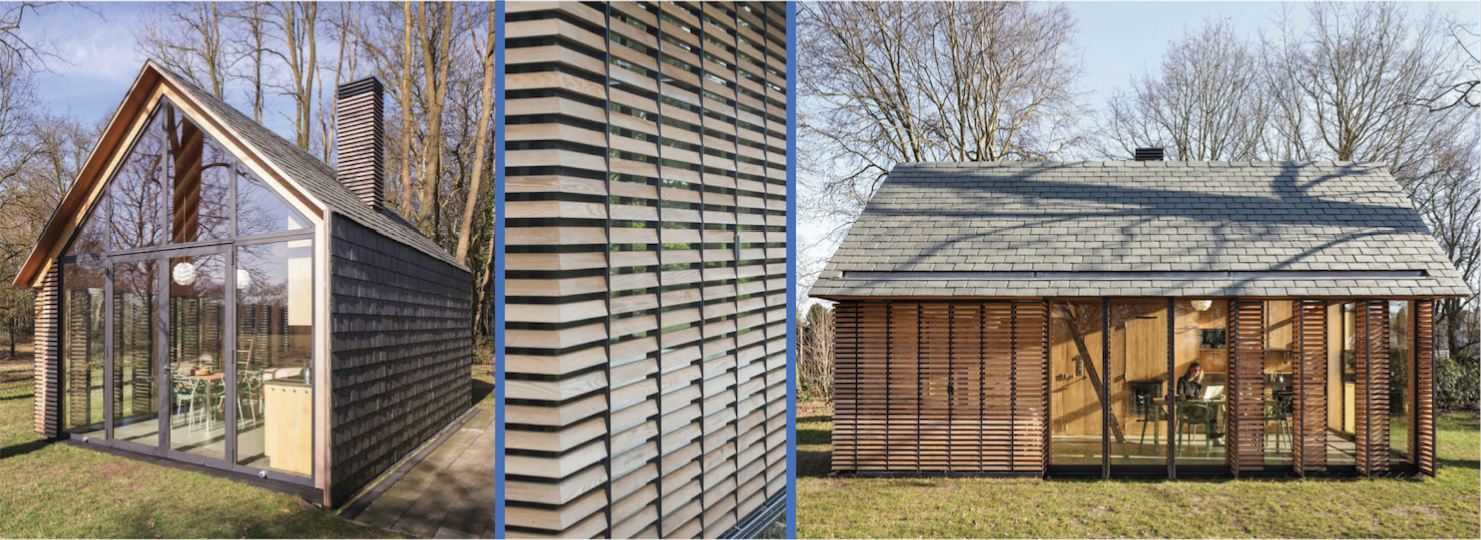 The first is a recreational cabin in Utrecht, Netherland, designed by Zecc Architecten. The form is a traditional gable cabin typology, designed in a modern, open style. The choice of materiality -shake and wood siding – reflect on traditional material choices, but detailed in a very clever way, transforming the siding slats into operable louvers which retract and open up the interiors to the forest.
