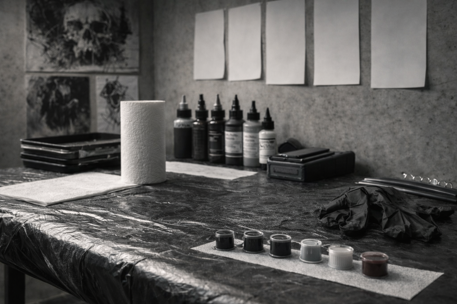 Art workspace with bottles of ink, paper towels, gloves, brushes, and paintings on the wall.