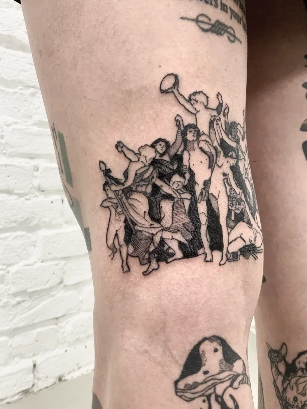 Back of knee tattoo by noTATTOO Berlin inspired by La Jeunesse de Bacchus, translating Bouguereau’s mythological procession into a contemporary tattoo.