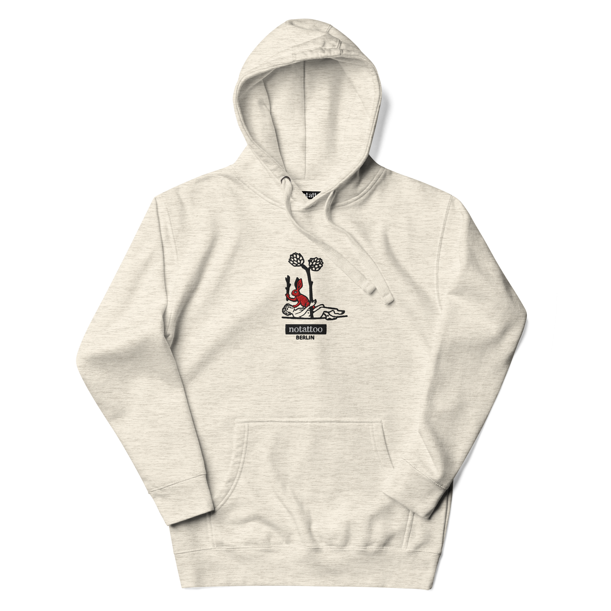Flat front view of Basic Grey Medieval Killer Rabbit Hoodie with embroidered rabbit artwork and noTATTOO Berlin label detail.