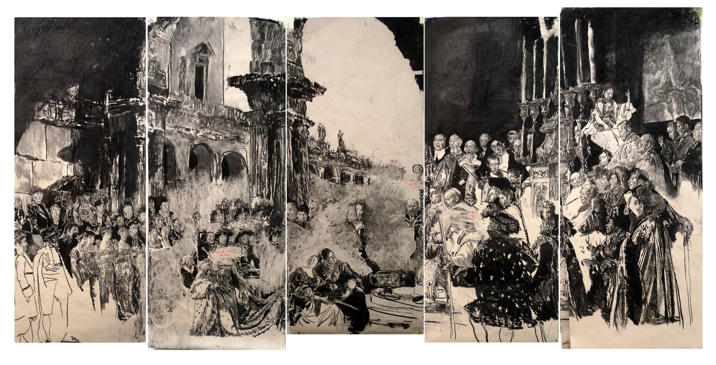 Jorge daCruz - Judith Story or Negative Land - charcoal on paper | 340x70cm l © k37 studio, bethanien Berlin 2018 #studiok37 #jorgedacruz #studio #k37colectivestudio #charcoal #drawing #panel #judith #judithstory