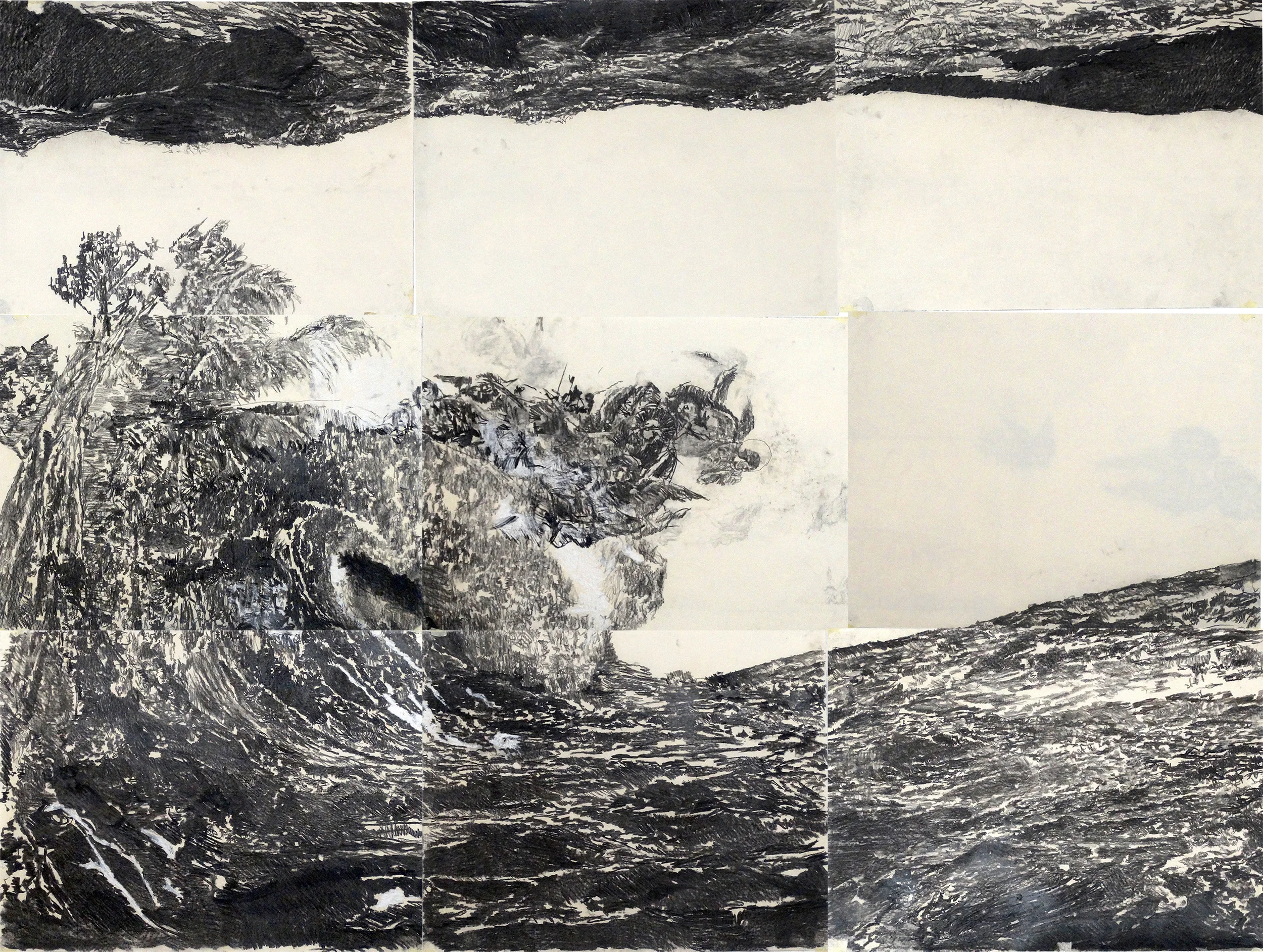 The Great Arrival or The World Creation - The Perfect Wave before the hourney - Coal on craft paper diferent sizes paper – total 210x200cm Berlin settlement – Bethanien