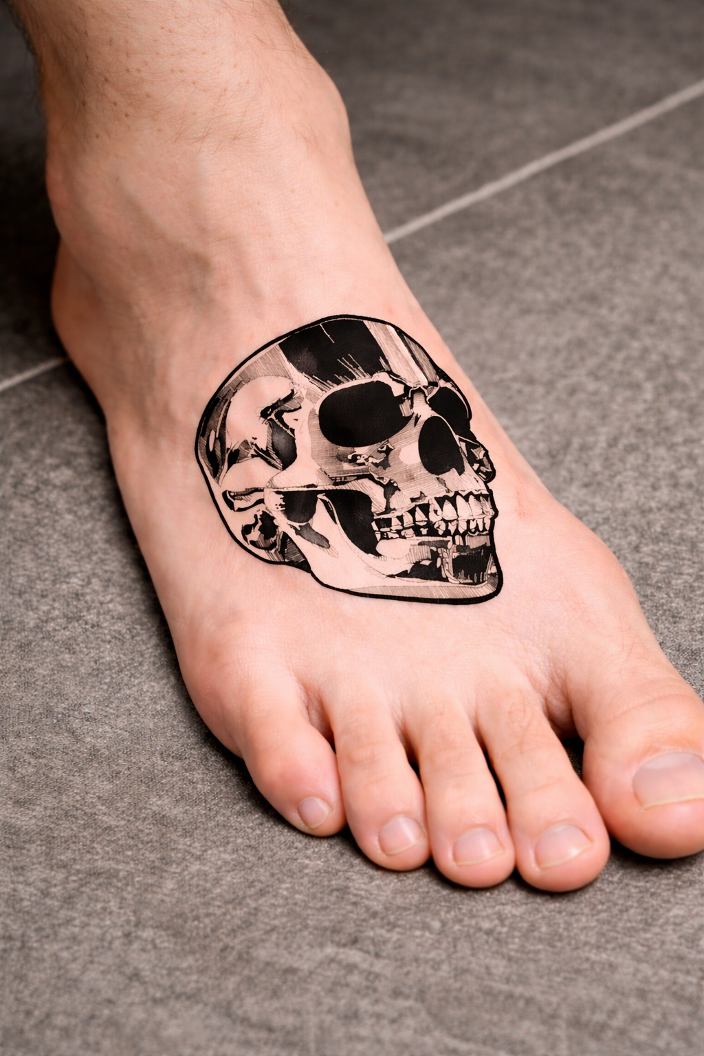 Tatuagem detalhada de crânio no pé.png