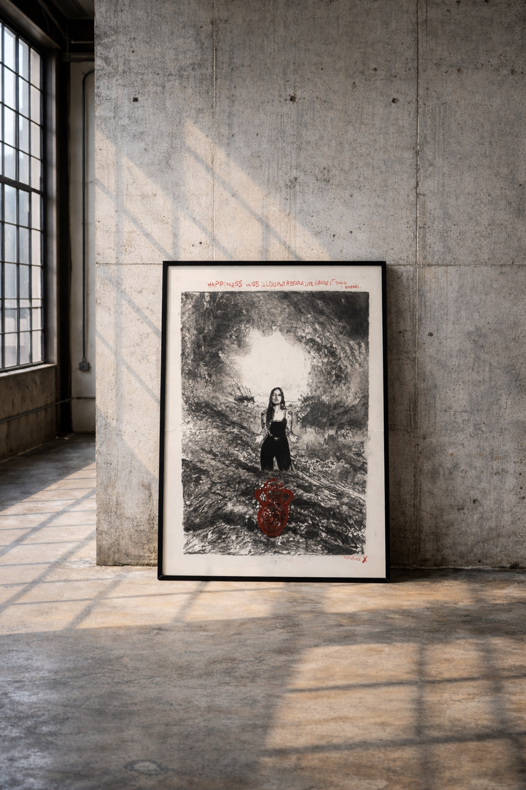 "Happiness Was Illusion…" by Jorge da Cruz, framed charcoal drawing displayed in an industrial gallery, featuring a female figure in a dark landscape and a red ceramic vase.