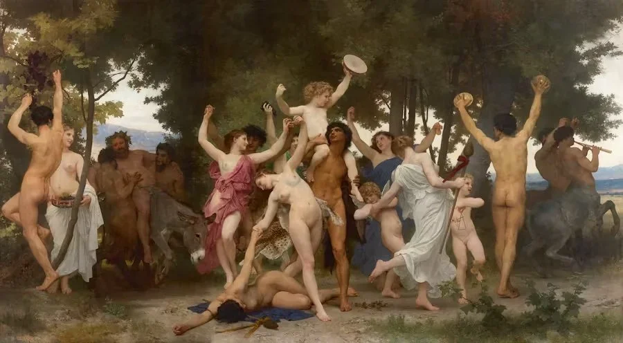 Detail from La Jeunesse de Bacchus showing the mythological procession, movement, rhythm, and classical imagery behind the tattoo by noTATTOO Berlin.