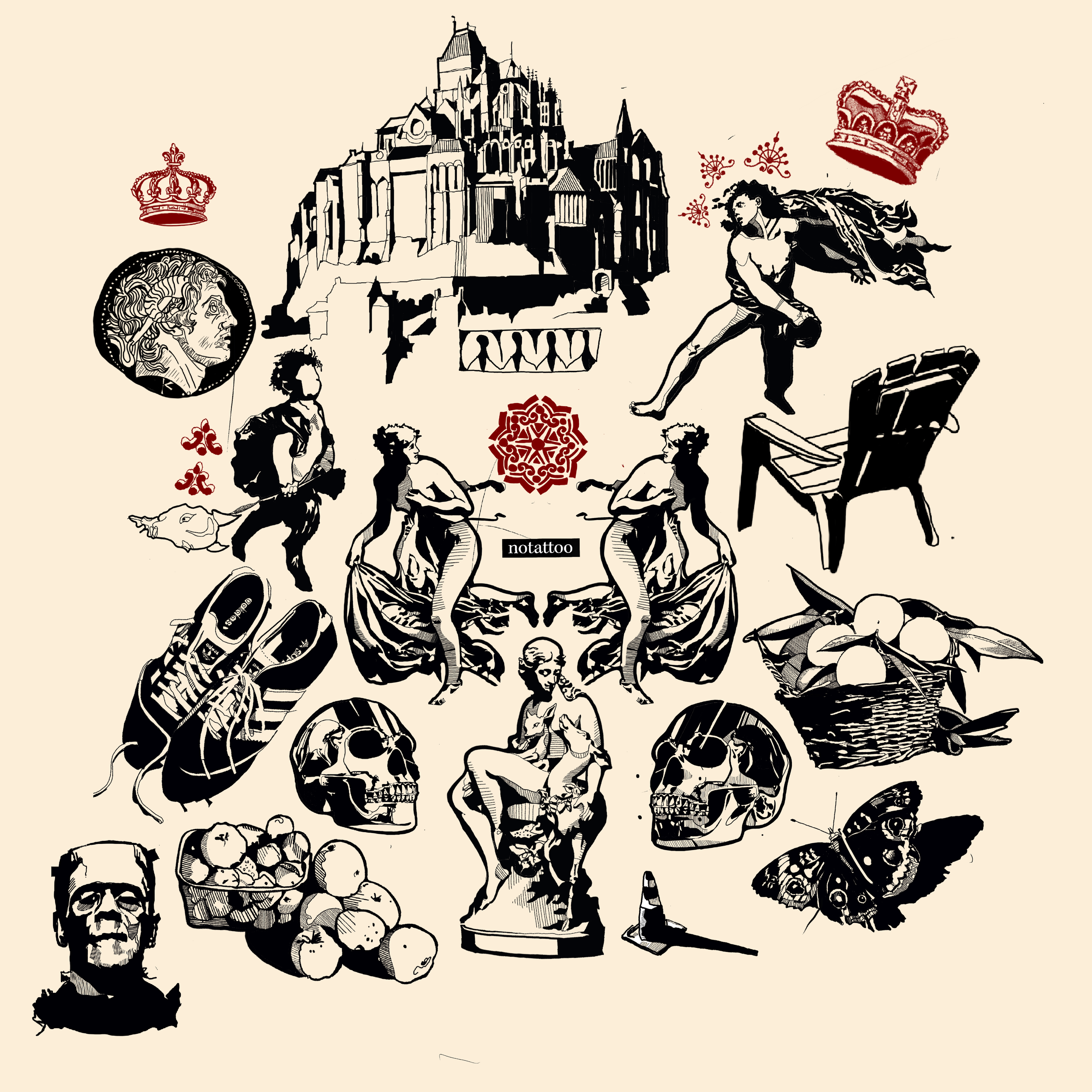 A collage of illustrations including a castle, a lion coin, a man with a lion head, a woman with flowing hair, crowns, a framed photo, bottles, a butterfly, apples, and a chessboard, arranged on a beige background.