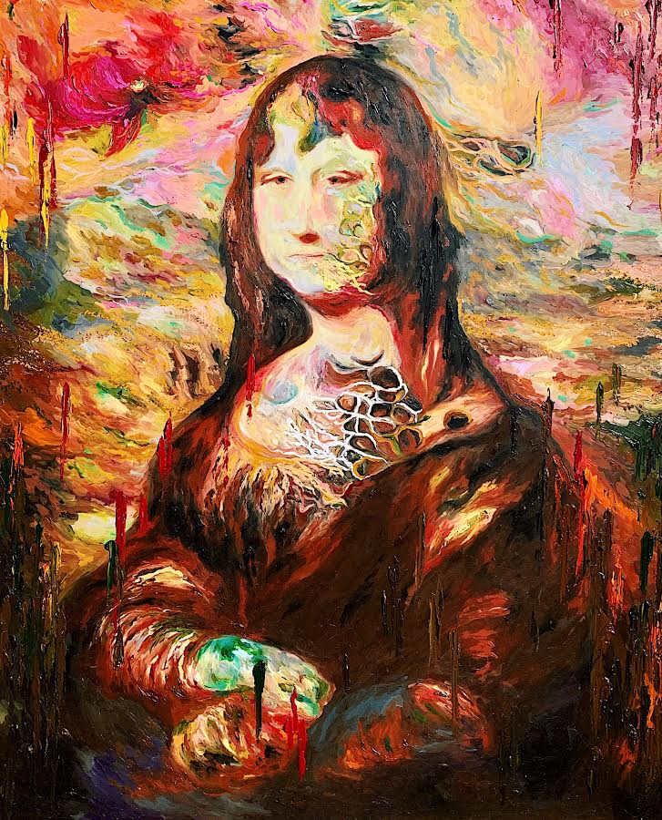 Mona Lizard 3x4 foot Oil paint on glass panel Available