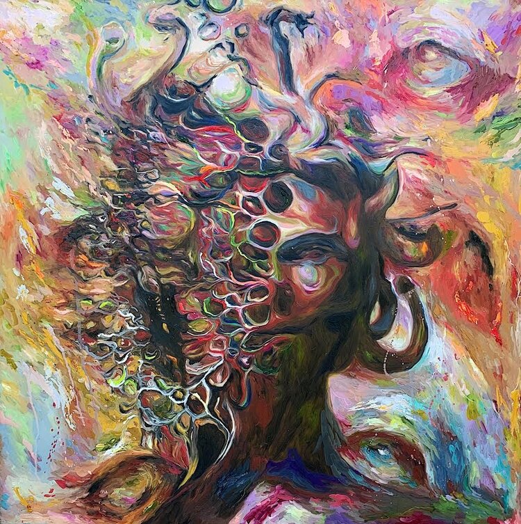 Medusa 36x36 inches Oil paint on glass panel SOLD