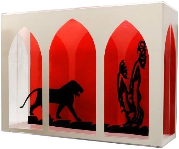 LION WALK 2004 PAINTED PLEXIGLASS AND PAPER CUTS 12X35X7 INCHES