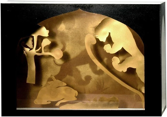 PLAY OF LIFE 2005 PAINTED PLEXIGLASS AND PAPER CUTS 17X24X7 INCHES