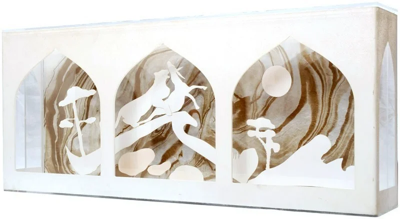 THE FIGHT 2006 PAINTED PLEXIGLASS AND PAPER CUTS 39 X 14 X 7 INCHES