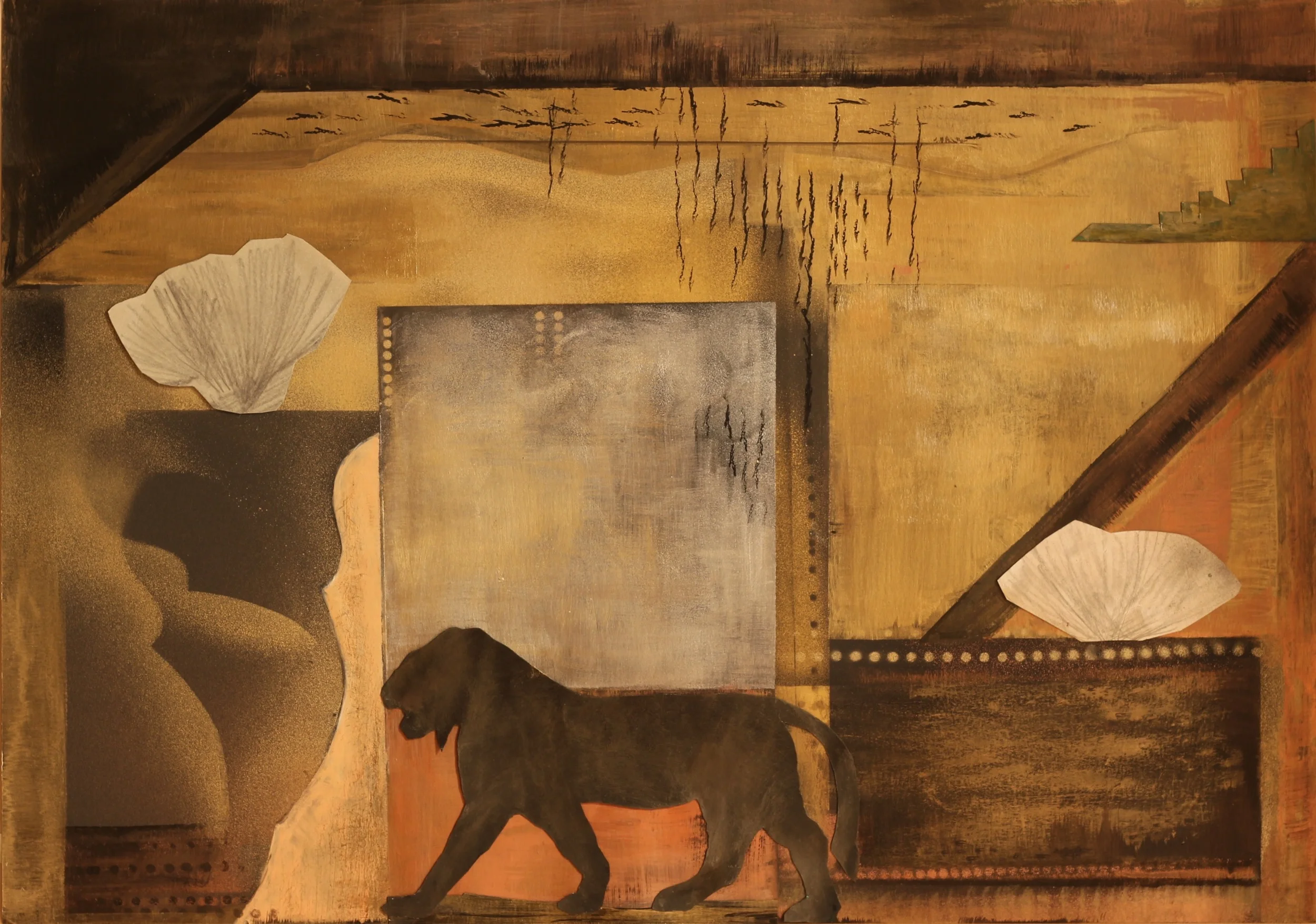 LION WALK 8, 2015 MIXED MEDIA ON PLIKE 20 x 30 INCHES
