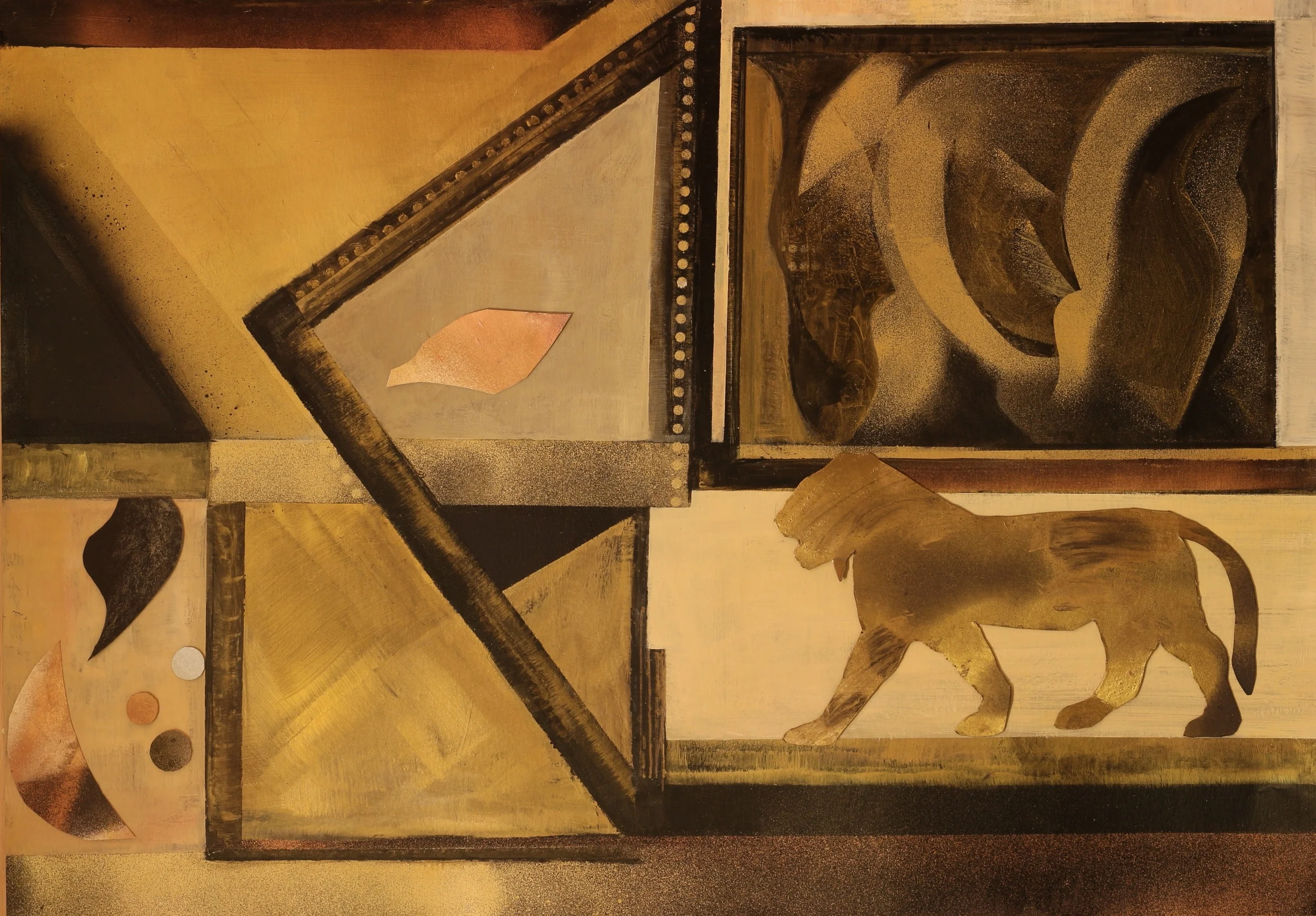 LION WALK 16, 2015 MIXED MEDIA ON PLIKE 20x30 INCHES