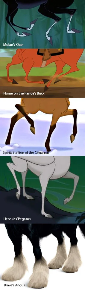 I love the designs of these horse legs. Especially Pegasus. His front cannons are super long. Khan's cannons are very thinned out. Buck's muscles are greatly exaggerated above the knee. Spirit and Angus' designs are closest to the actual horse anatomy, but still have plenty of stylization. Yet none of these horses look 'wrong'. When I realized this, it's like something clicked. Just how far can I push the horse's legs before it looked like a mess? Or not a horse leg anymore?