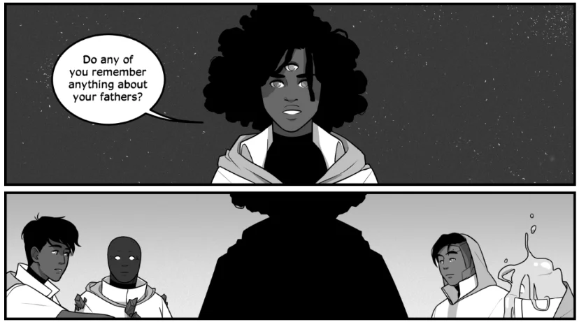 "Prodigal Sunset" May 2018 A short story for the FTL Y'all: Tales from the Age of the $200 Warp Drive anthology. This comic is about a group of half-human, half-alien terminally-ill teens searching for their human fathers, and a cure. Art: Little Corvus Script: James F. Wright