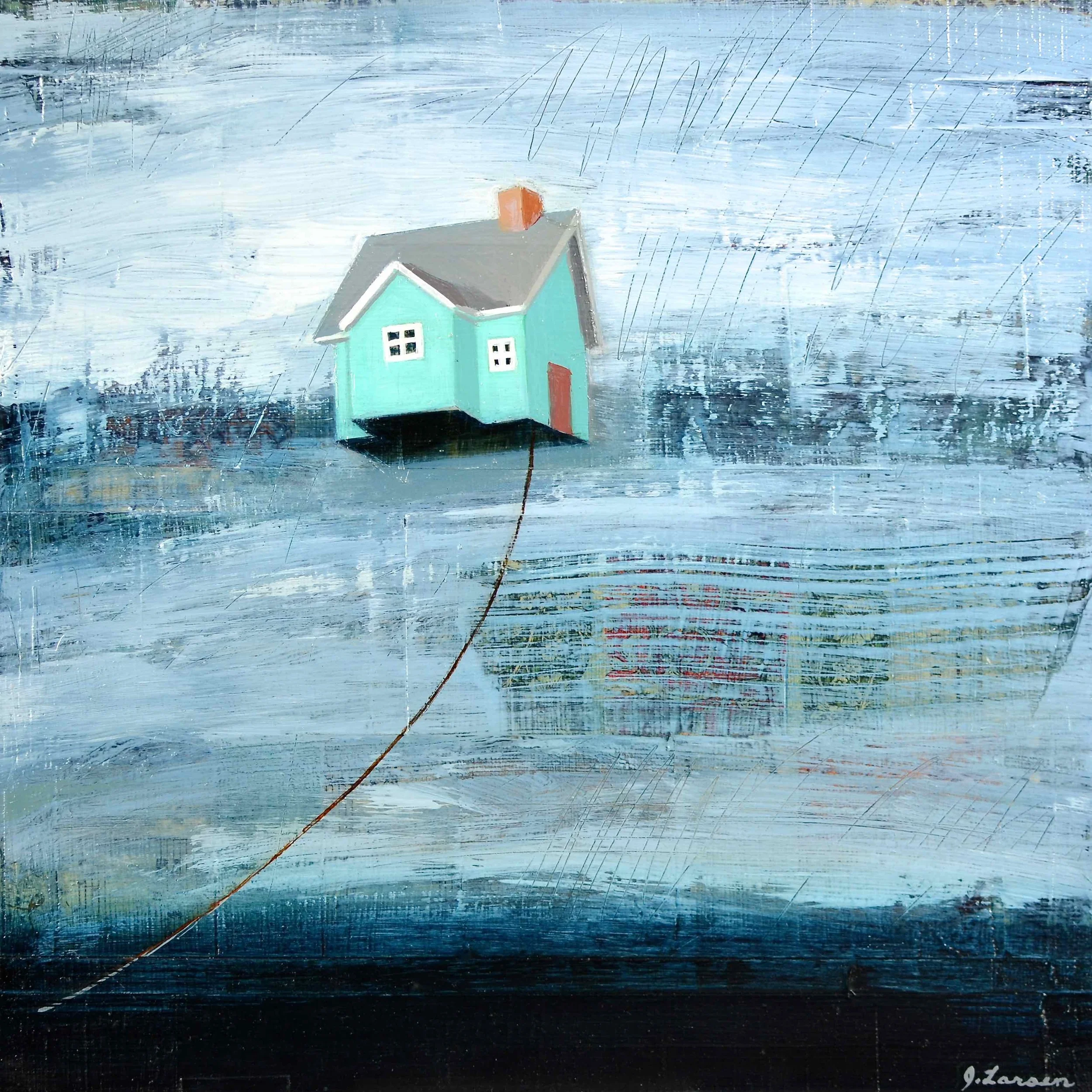 green house, red door, stormy day