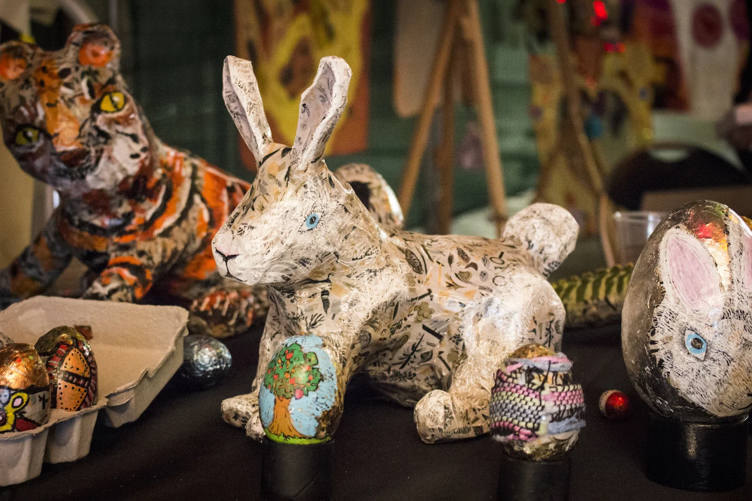 Guy Fredericks, Bunny , 2018, papier maché sculpture, with various Studio A sculptures