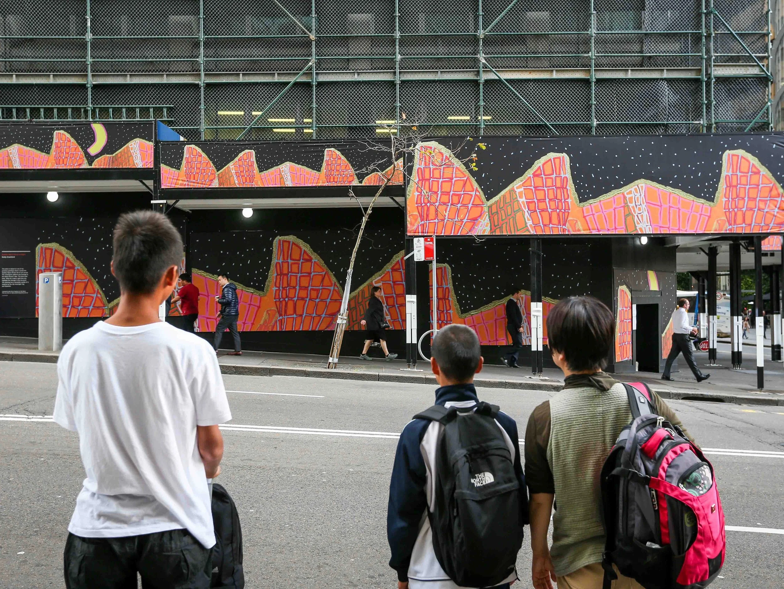 Emily Crockford Sydney Opera House image applied on construction hoarding at Barangaroo, Sydney CBD, as part of the City of Sydney Hoardings initiative, June 2018.