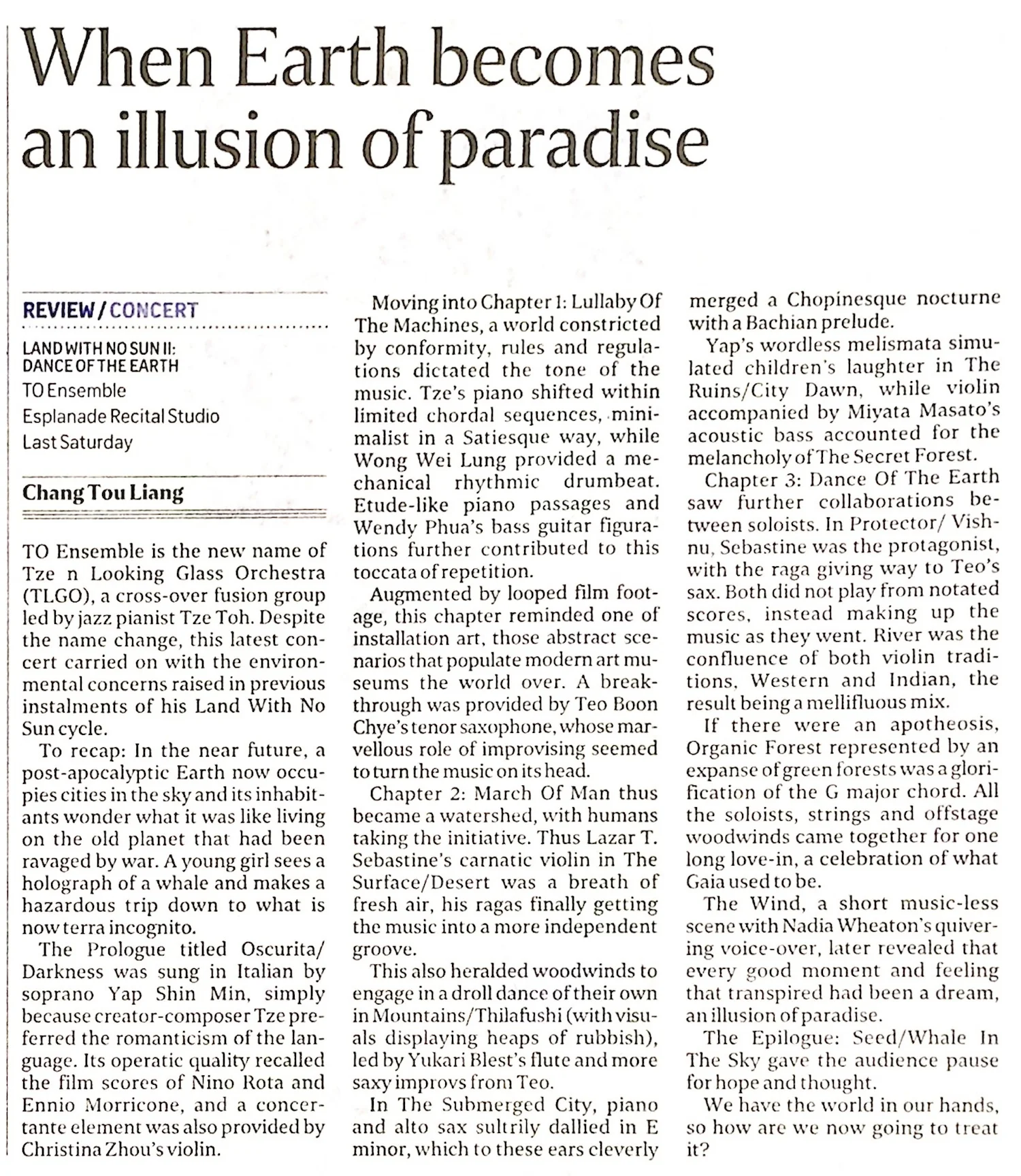 2016 The Straits Times Life! review of audio-film concert LAND with NO SUN II: Dance of the Earth