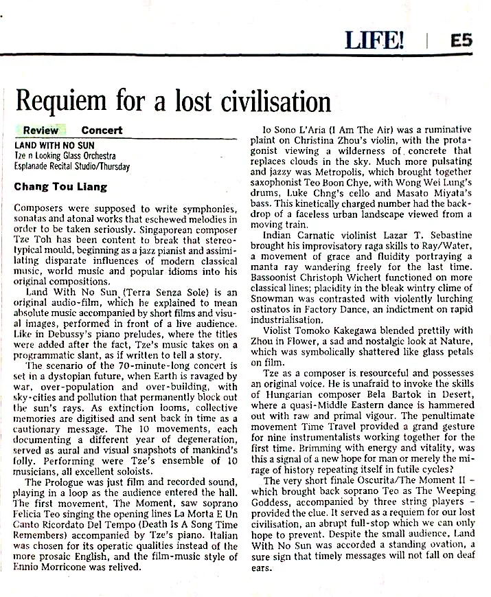 2015 The Straits Times review of audio-film concert LAND with NO SUN