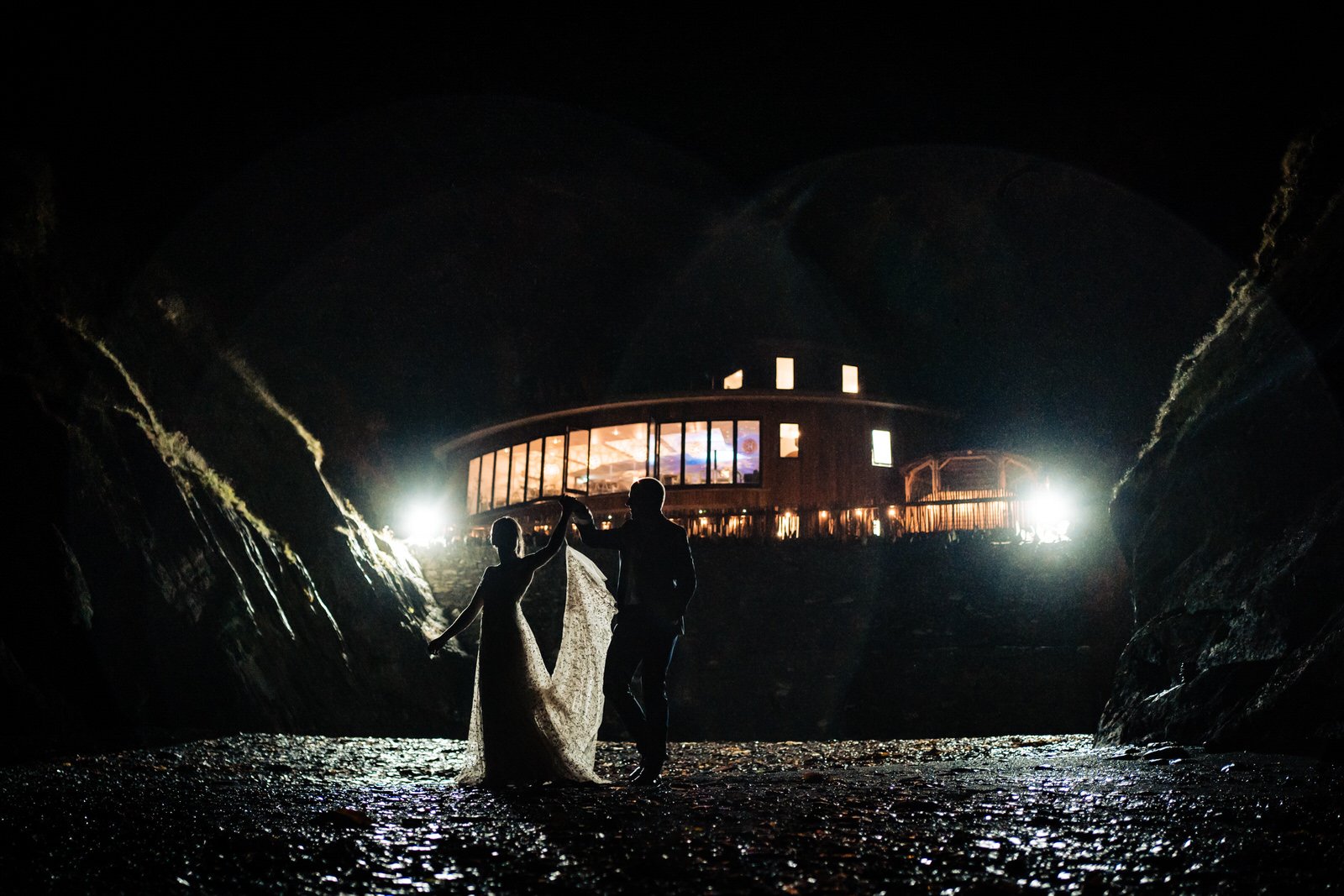 devon beach wedding at night
