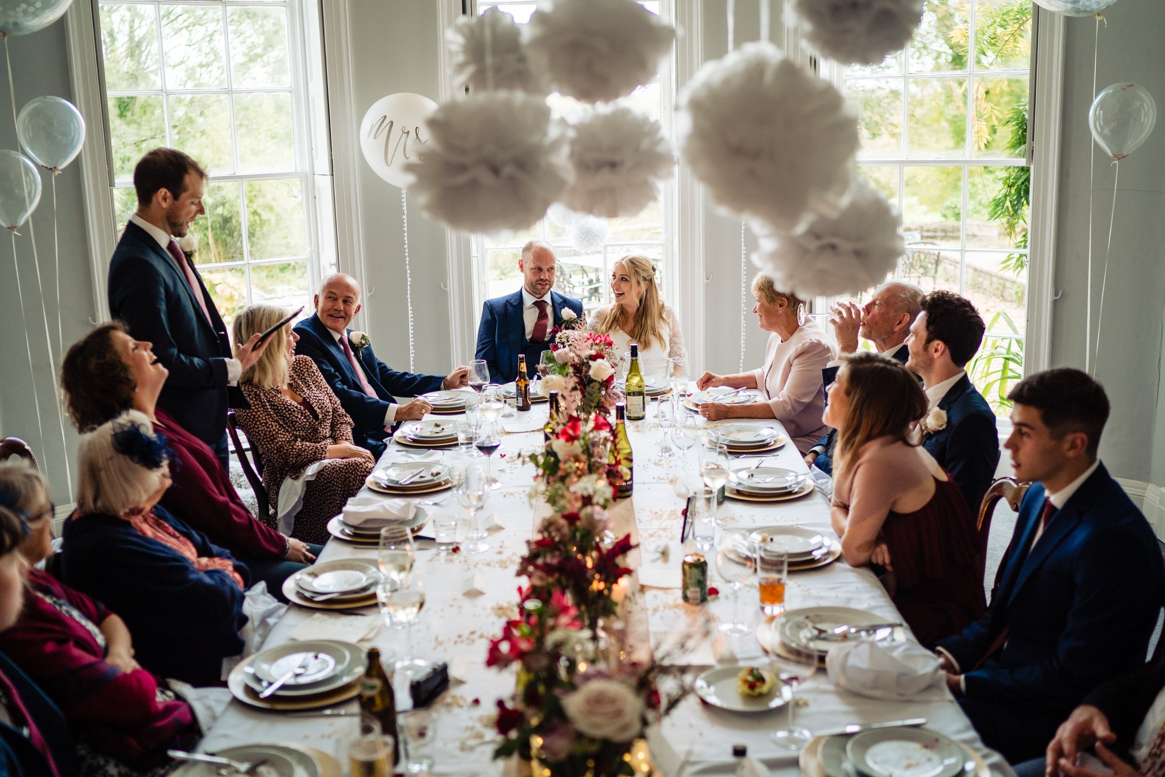 small wedding - dinner - pom poms - wedding - devon.jpg