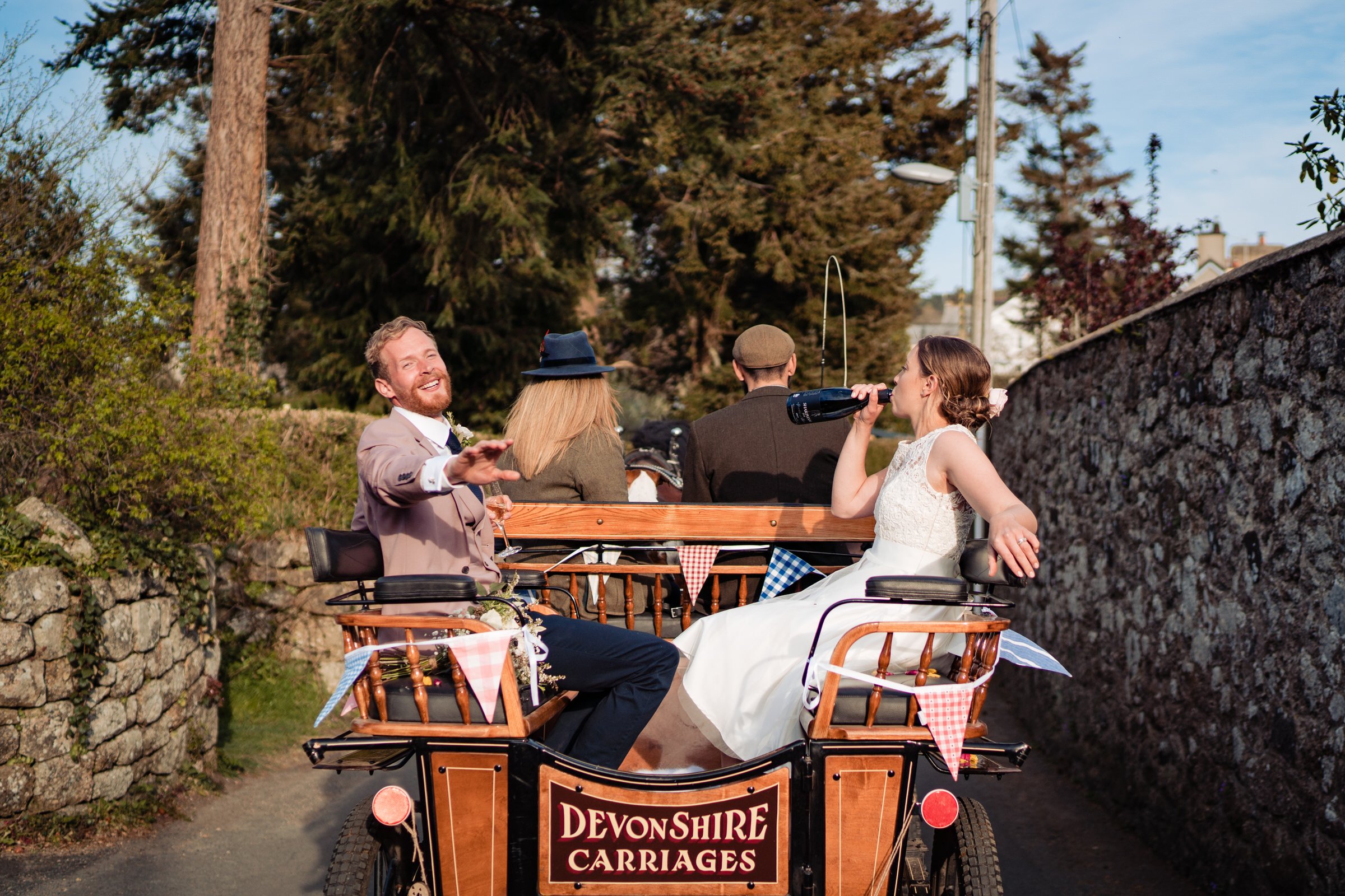 bride - groom - horse and carriage - champagne - devon wedding.jpg