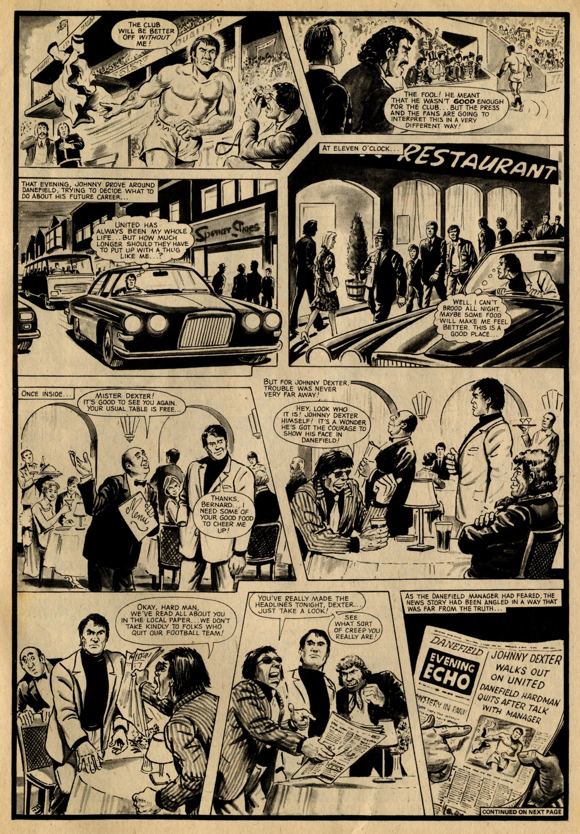 The Hard Man, episode two, Roy of the Rovers 1 October 1976: Barrie Tomlinson (writer), Doug Maxted (artist)