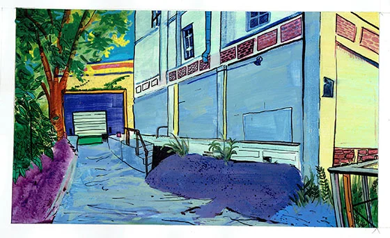 Barnes and Noble Recieving Center, mixed media on paper, 8" x 12"