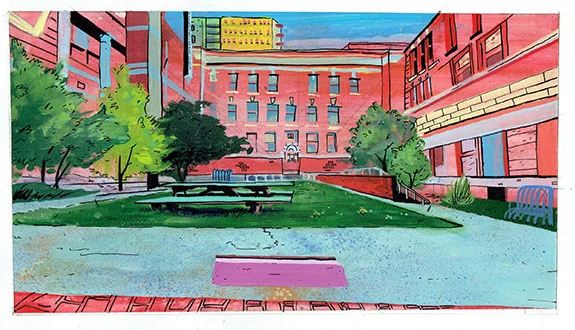 A Curb in The Courtyard, mixed media on paper, 8" x 12"