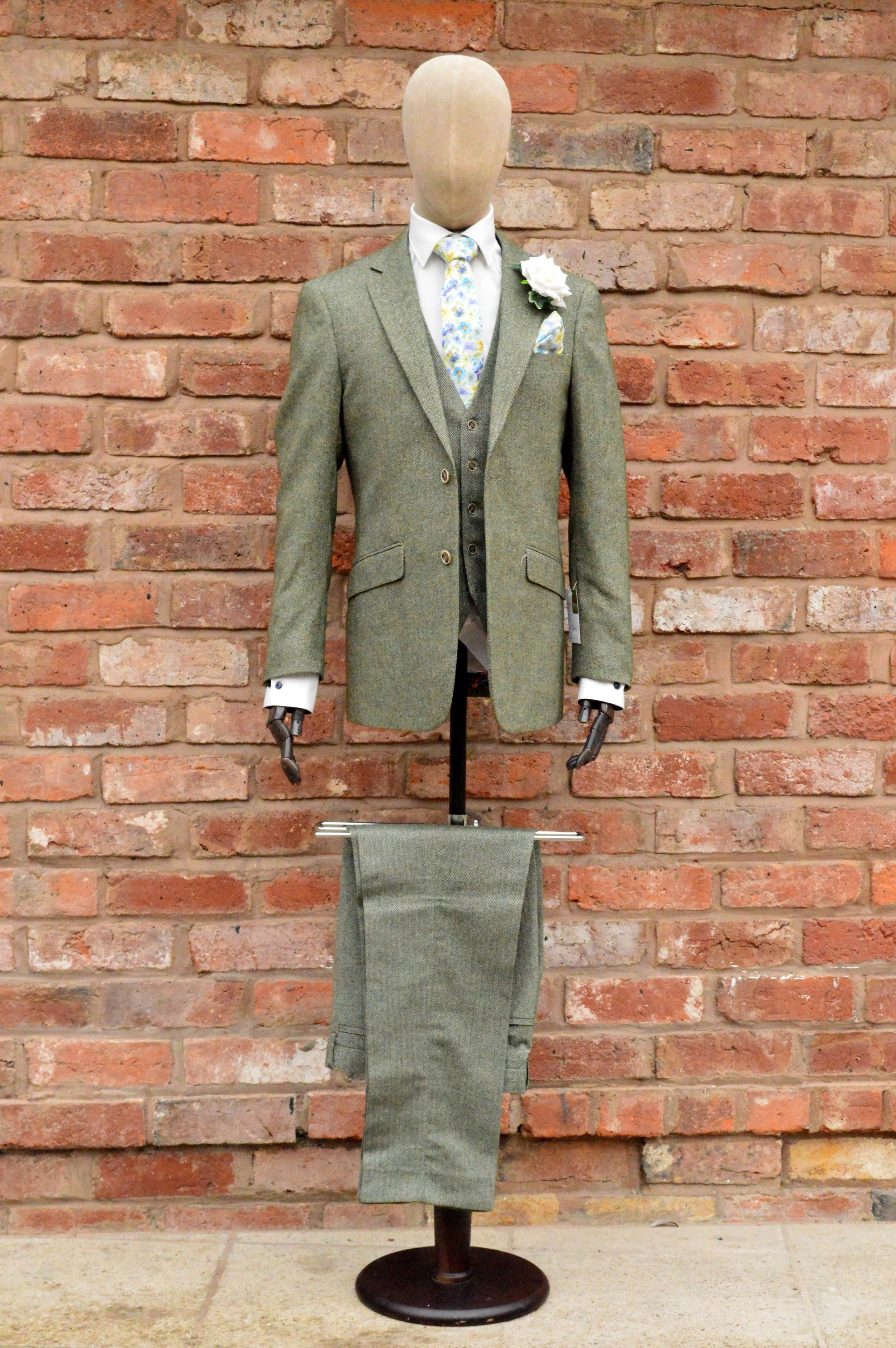 Sage Herringbone Tweed Three Piece Suit (Hire or Buy)