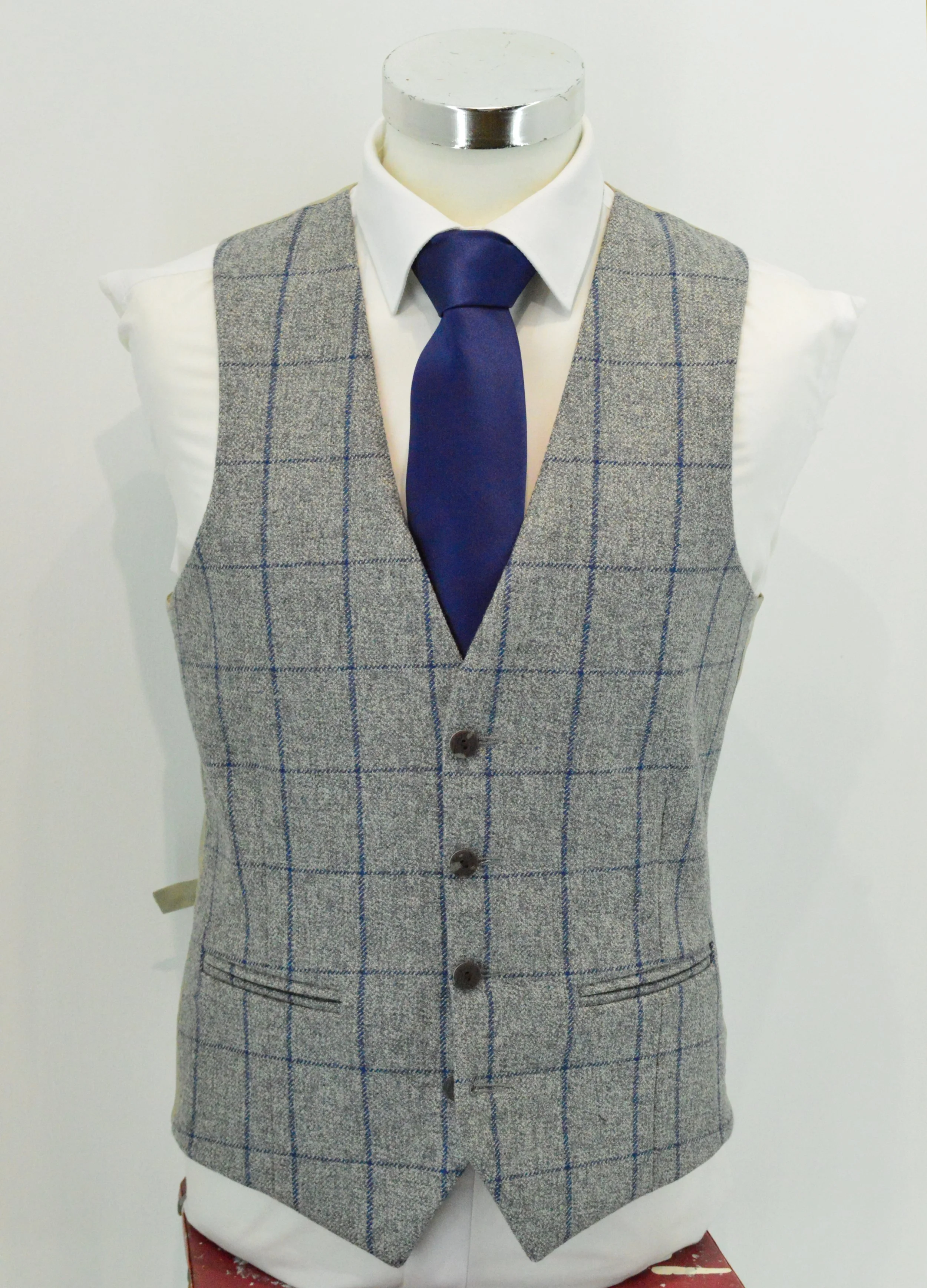 Grey Wool Waistcoat with Blue Check (Hire or Buy)