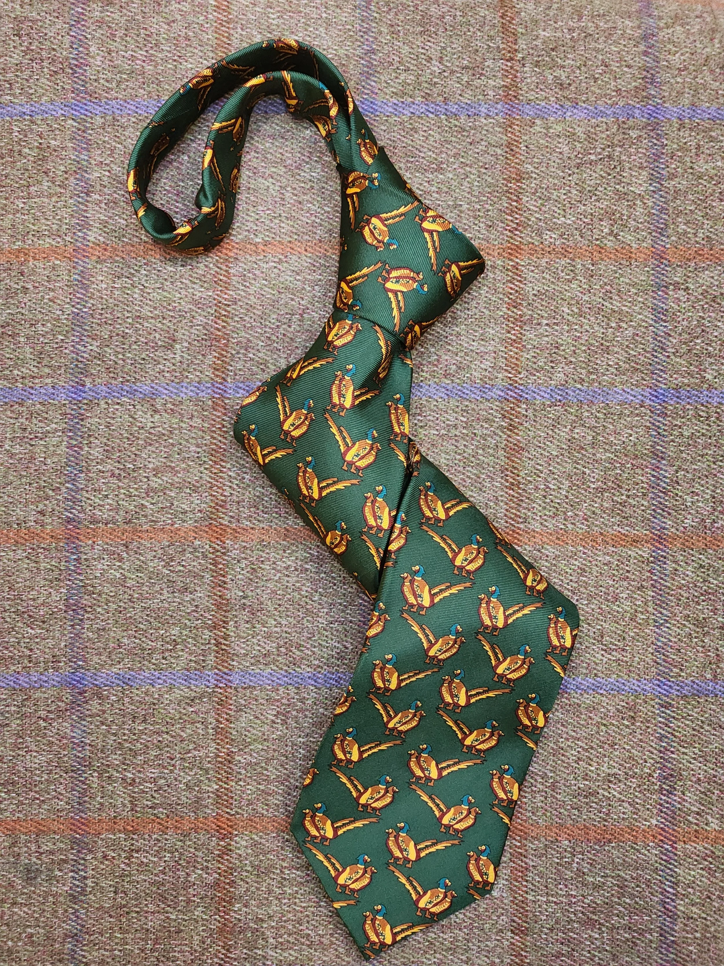 Green Twin Pheasants Silk Tie