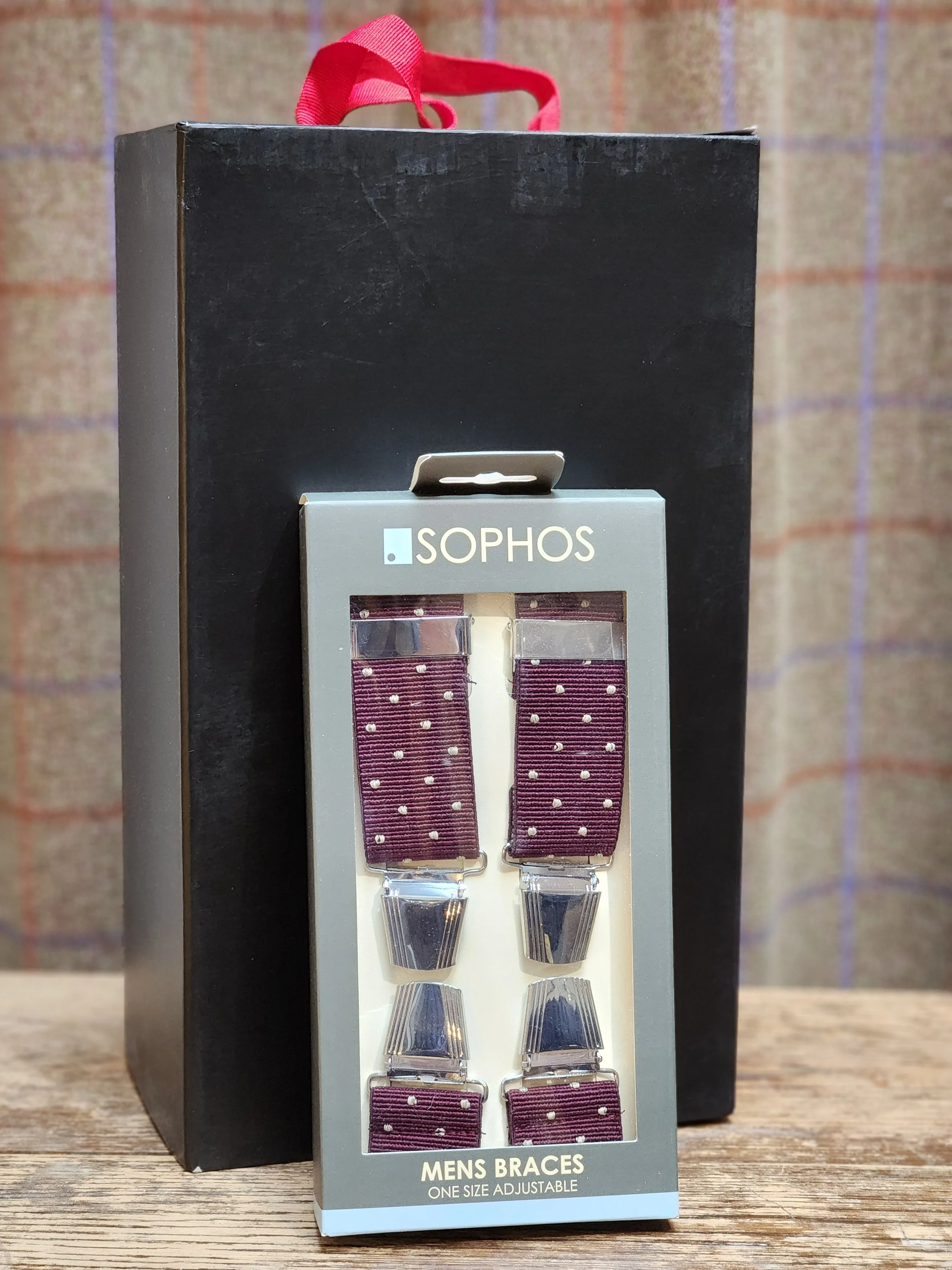Clip Trouser Braces - Burgundy and White Polka Dot