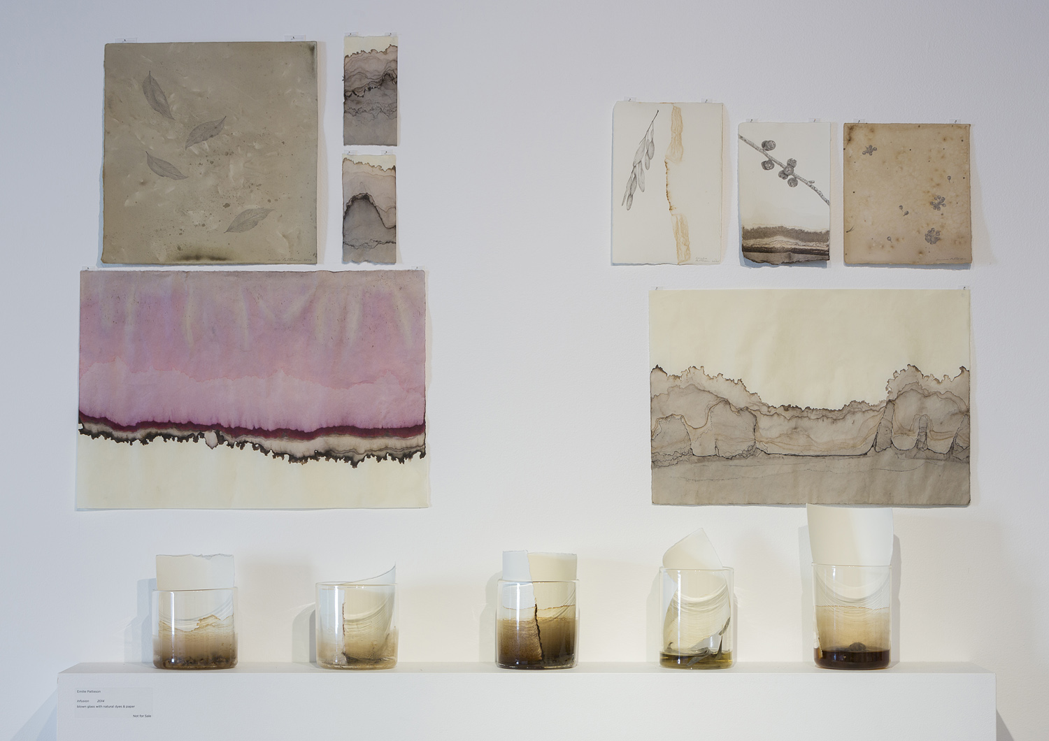 natural dyes on paper by Annika Romeyn and Emilie Patteson (top) with Infusion by Emilie Patteson (bottom), 2014, (photo by Adam McGrath), Canberra Glassworks GLINT exhibition install