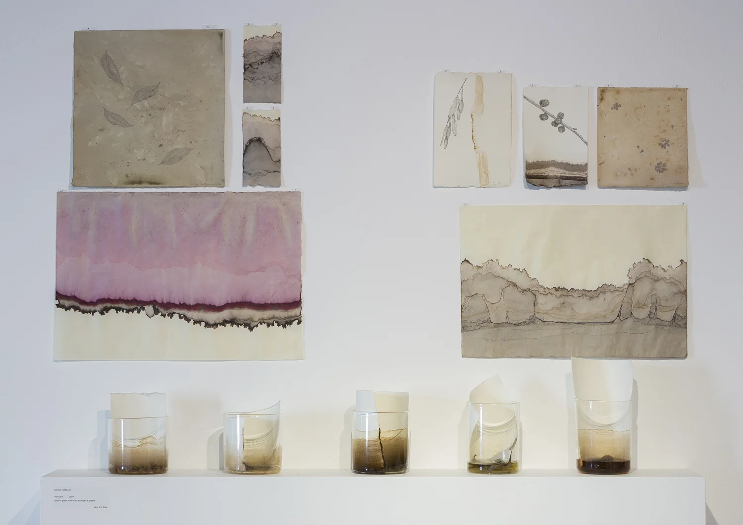natural dyes on paper by Annika Romeyn and Emilie Patteson (top) with Infusion by Emilie Patteson (bottom), 2014, (photo by Adam McGrath), Canberra Glassworks GLINT exhibition install