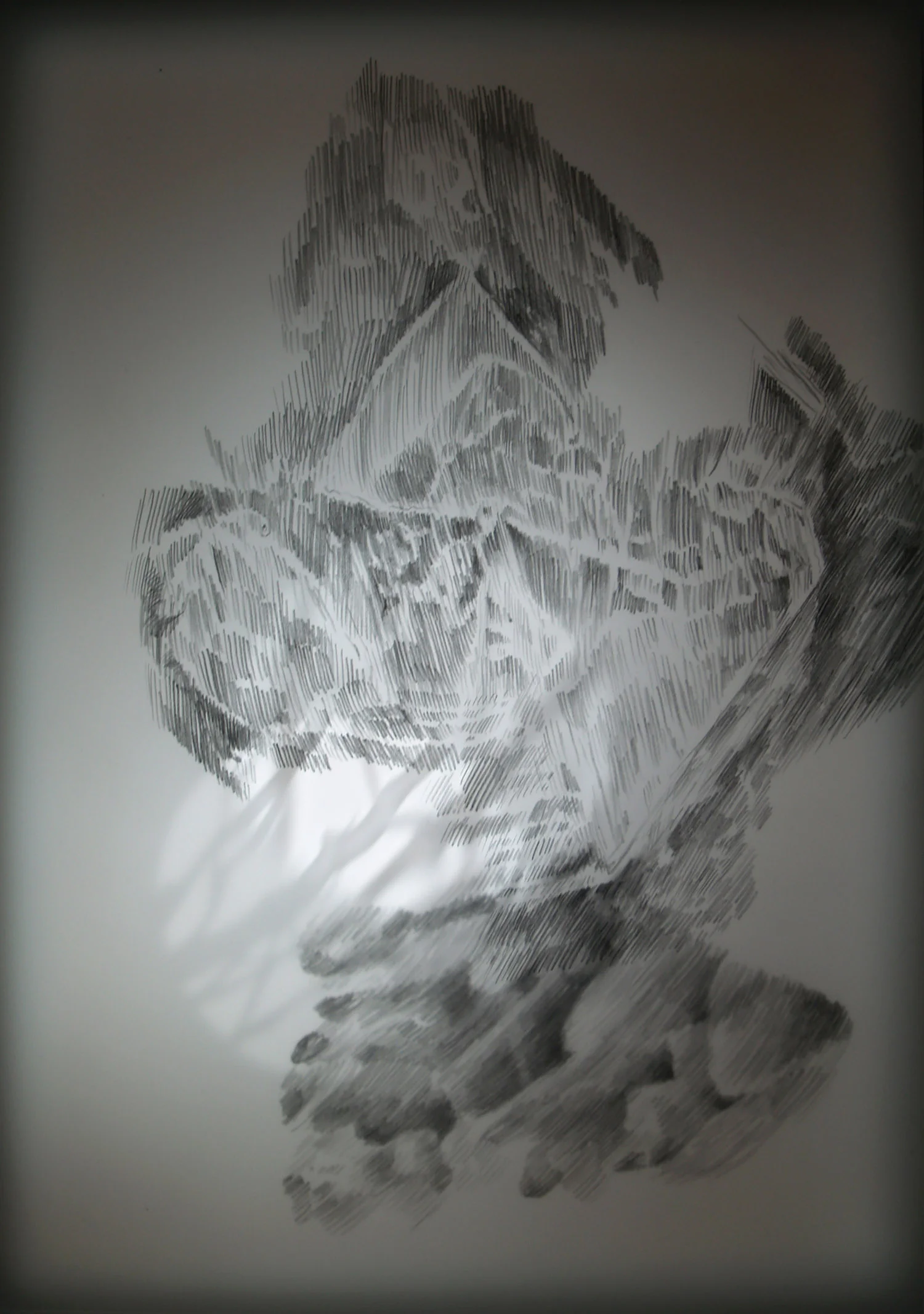 Echoes (top view, detail), graphite on drafting film, perspex, MDF, low voltage light, 30 x 21 x 81 cm