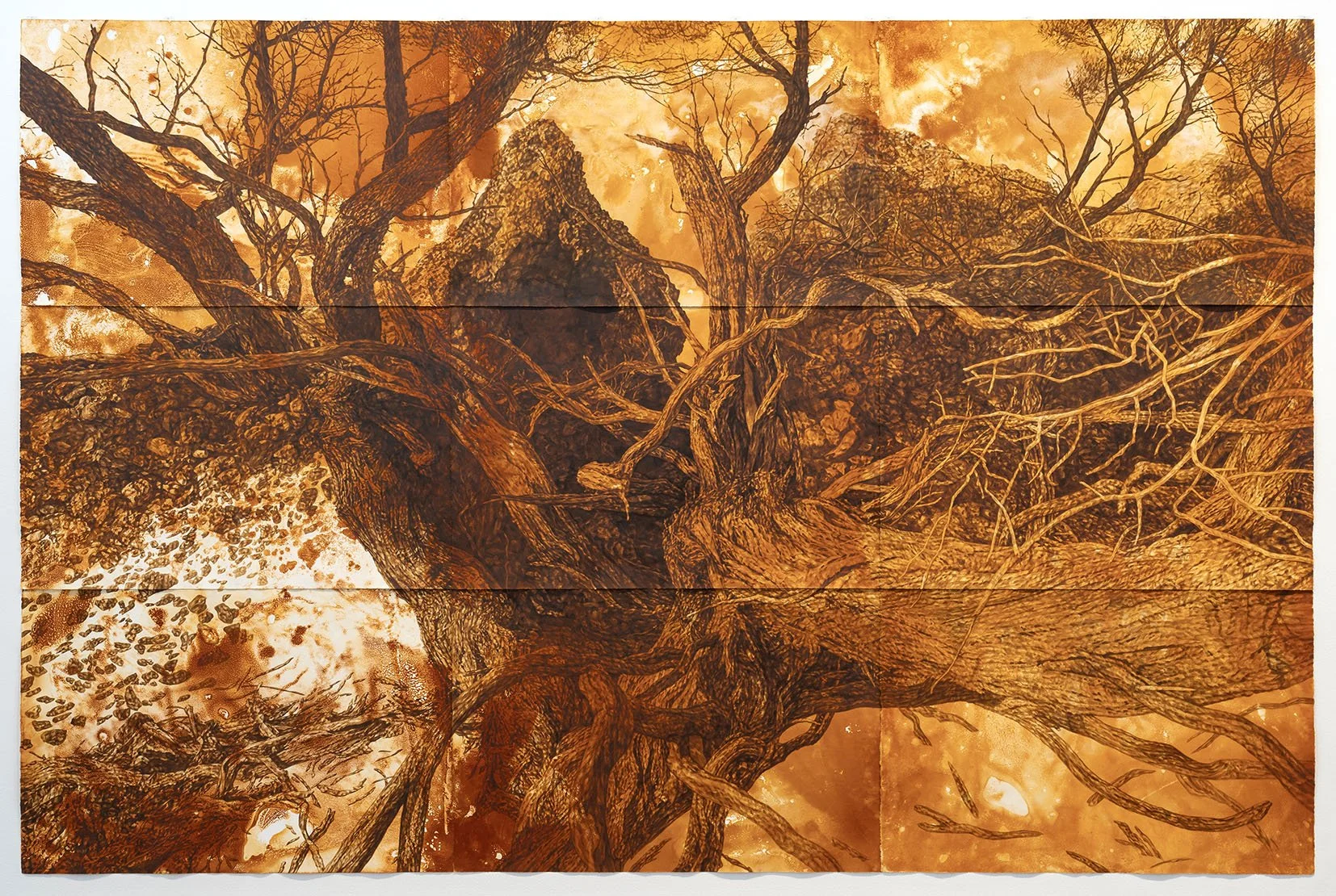'Tangle (Wana Karnu)', 2025, rust and acrylic ink on paper, 240cm x 360cm.