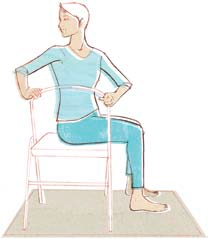Bharadvajasana (using a chair). Illustration from Asana for the Ages by Marla Apt, republished by Feathered Pipe Foundation.