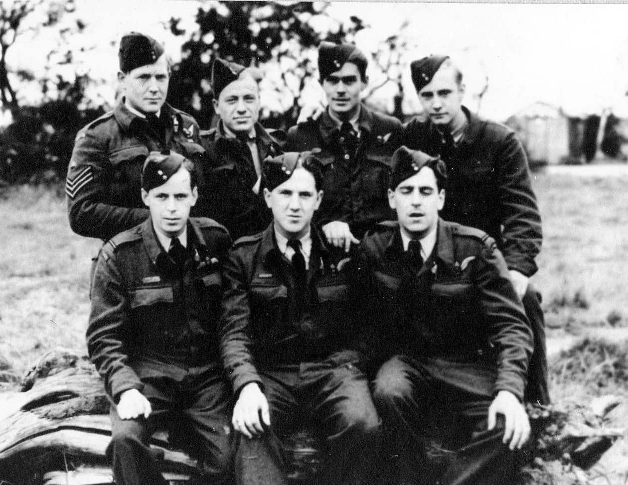  Photo taken shortly after the crew finished their tour of duty in March 1945.&nbsp;  In front row from left to right - Bob Henry, Al Coleman, Frank Welsh.&nbsp;  In back row from left to right - Hal Ward, Joe Casavant, Bill Thomsom, Ron Pyves.&nbsp;