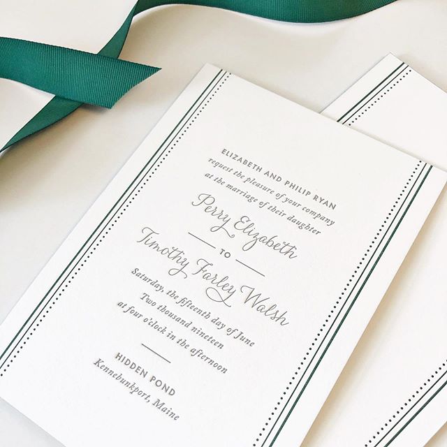 Most of my work these days is fully custom. These triple-thick, double-sided letterpress invitations with painted forest green edges for a @hiddenpond resort wedding are so substantial to hold and are sure to impress your guests!
#mainewedding #weddi