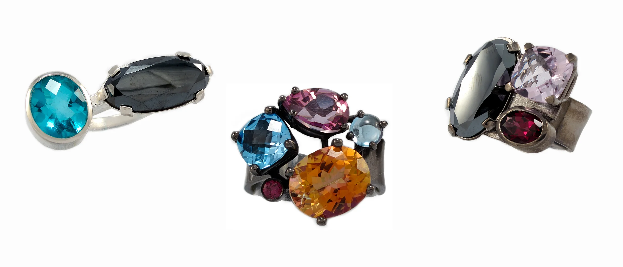 Left: Sterling silver, hematite, paraiba quartz. Sold. Centre: CELEBRATE, Sterling silver, oxidized, citrine, topaz ring. Right: VIOLET Sterling silver, oxidized, pink amethyst, rhodolite garnet. Contact for availability and pricing.